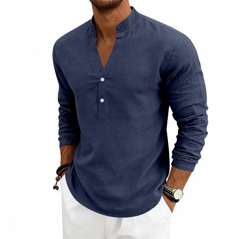 Nueva Colección de Lino de Otoño: Camisa Henley Casual para Hombre, de Corte Holgado y Transpirable, con Cuello en V