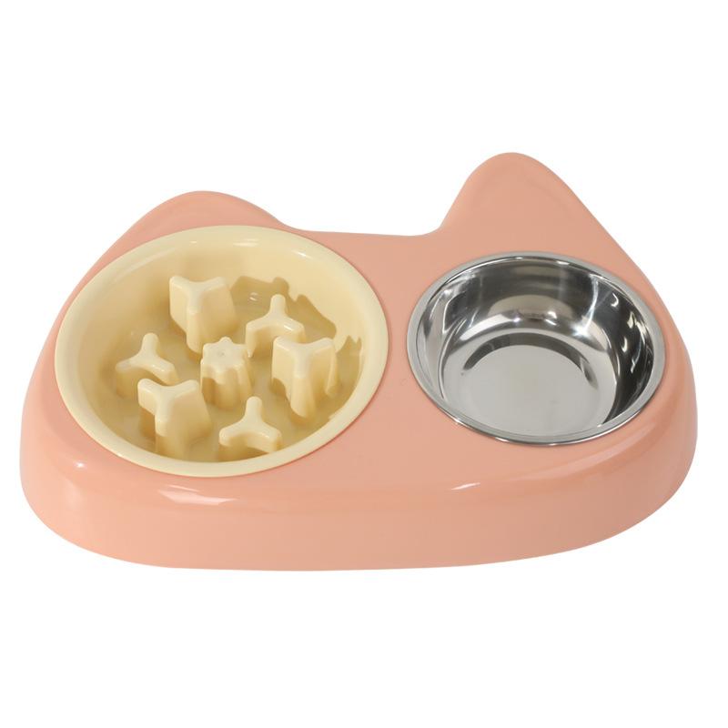 Cat Bowl, Anti-choking Slow Food Cartoon Size Cat Eye Double Bowl, Anti-slip and Easy-to-clean Stainless Steel Dog Bowl and Cat Drinking Bowl