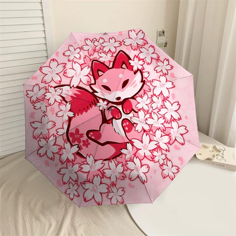 1pc Fox Cherry Blossoms Automatic Folding Umbrella 8 Rib Iron Frame,  Suitable for Travel, Daily Use, Birthday, Women & Men Gift c1231063