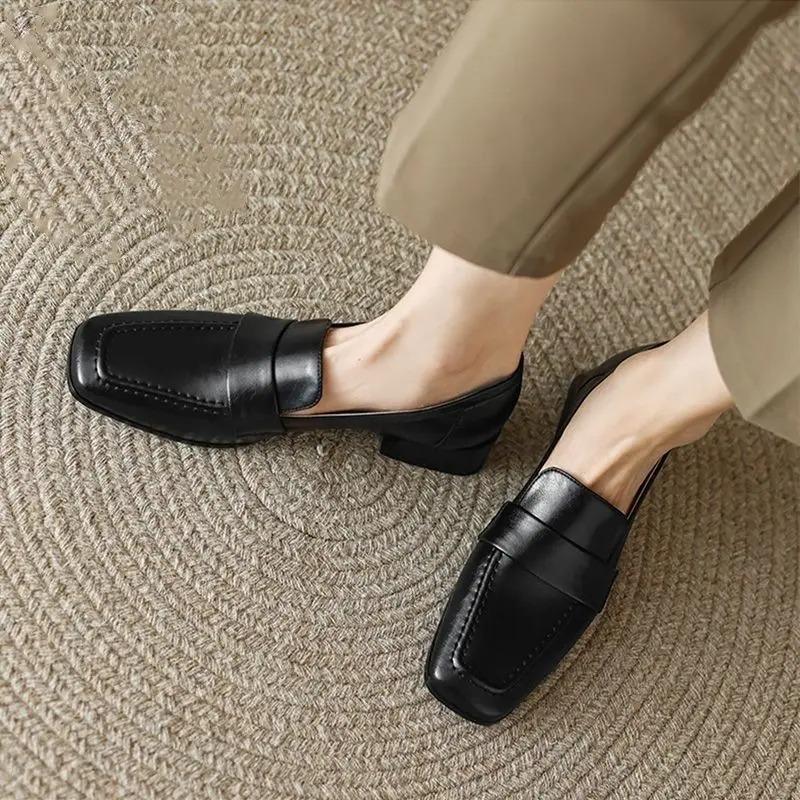 Women's Soft Leather Loafers Spring Autumn Soft Slip On Chunky Heel Versatile Loafers Women British Style Shoes