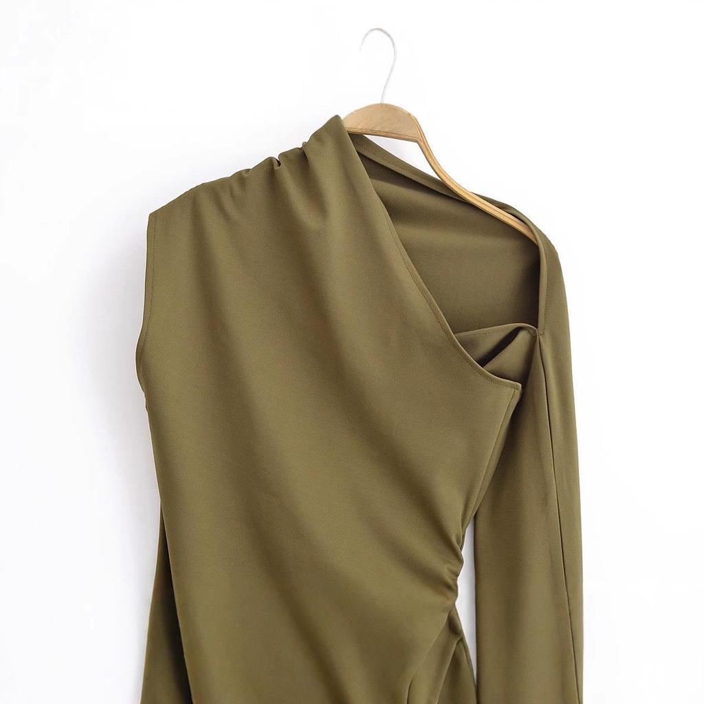 2025 Spring Women's Asymmetrical Pleated Long Dress - European & American Style