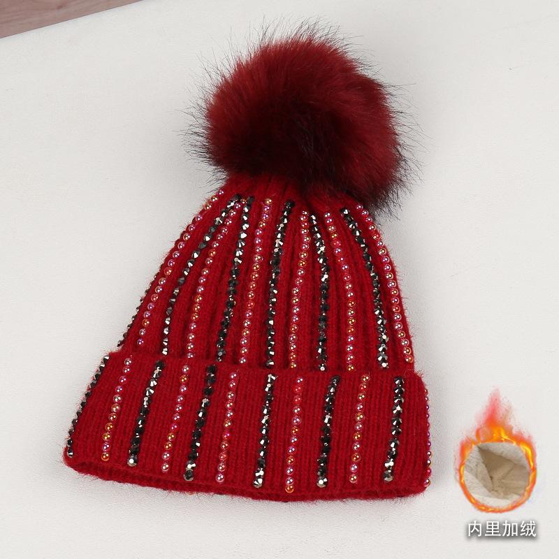 Fashion New Handmade Electric Drill Niche Temperament Knitted Hat Hairball Decoration Literary and Sweet Wool Hat
