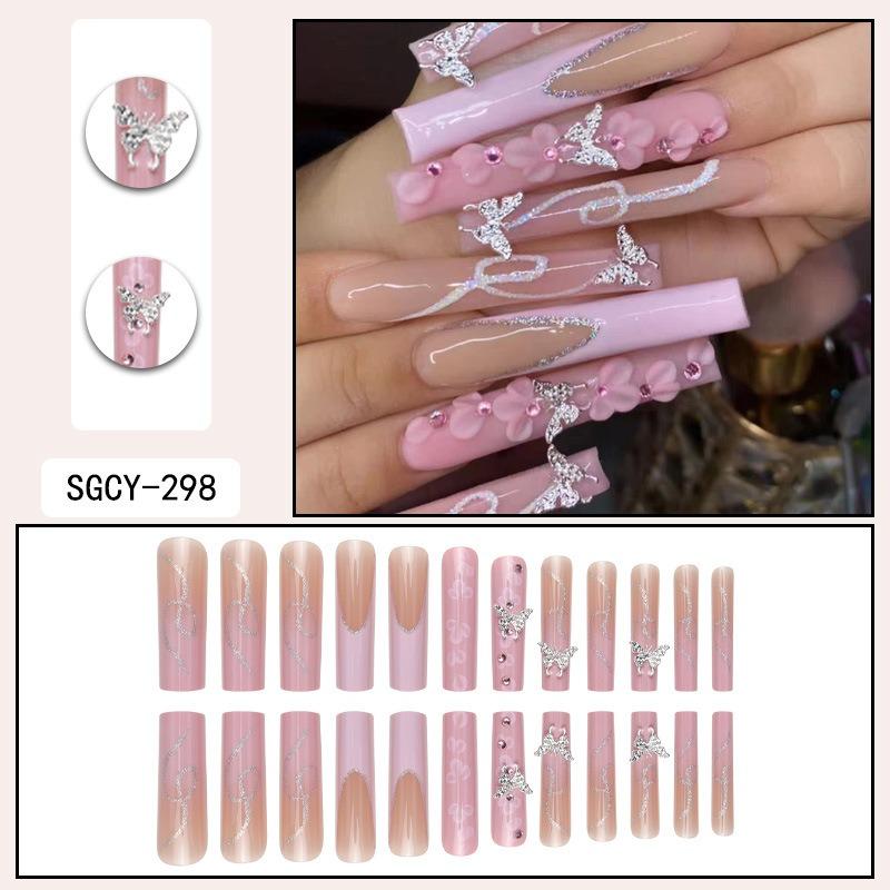 European and American Style Wearing Nail Silver Butterfly Glitter Wearing Fake Nails Pink Flower Broken Diamond Nail Art Piece Finished Product