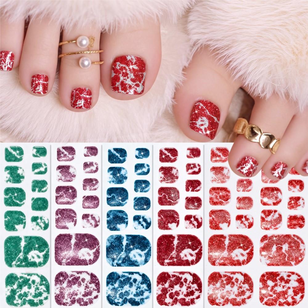 5sheets 3D Glitter French Toenail Full Wraps Shiny Purple Blue Black Red Toe Gel Nail Stickers Self-Adhesive Toenails Strips D#5