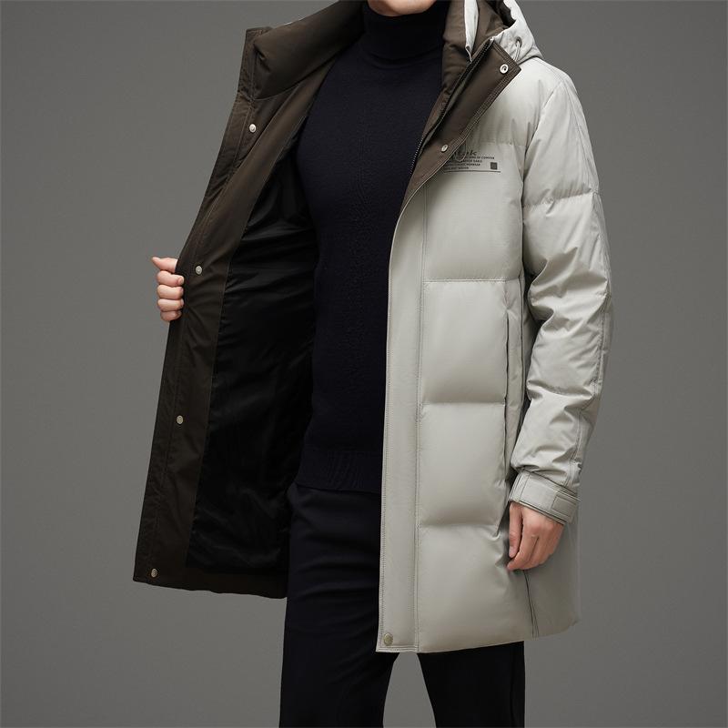 Jachetă nouă de iarnă pentru bărbați, cu glugă de lungime medie, îngroșată, caldă și rezistentă la frig, jachetă în stil coreean la modă pentru tineri și persoane de vârstă mijlocie
