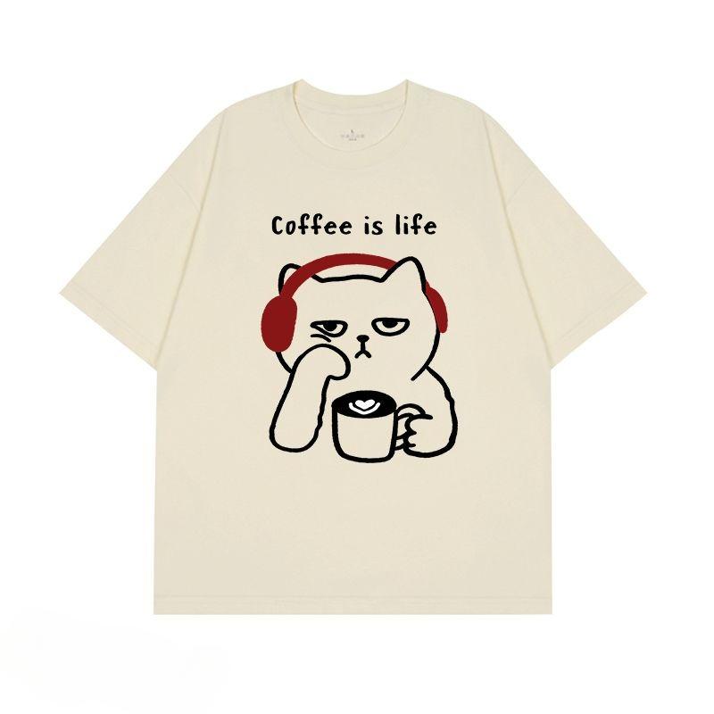 

Depressed Cat Drinking Pattern Print Men s T-shirt Summer Retro Kawaii Men s Women s Surfing Beach T-shirt Breathable Casual Top S