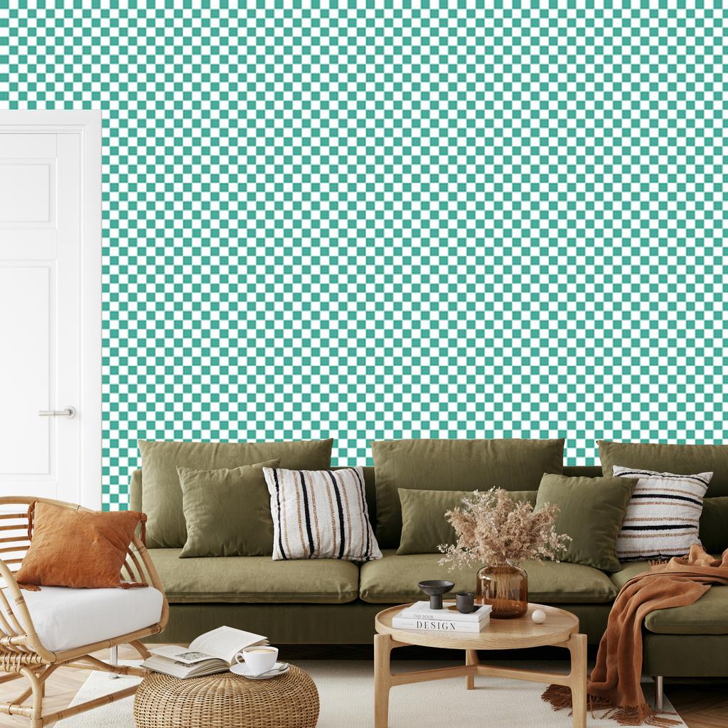 Checkerboard Wallpaper in Navy, Mint and White for Living Room and Bedroom 50x1000