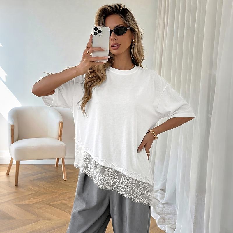 European and American cross-border white medium-sleeved top 2026 new summer casual loose irregular splicing lace T-shirt women S белый