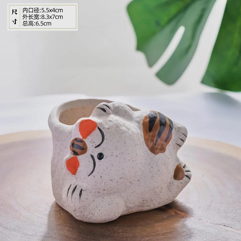 Fortune Cat Ceramic Succulent Flower Pot Home Balcony Desktop Decoration Animal Flower Pots with Leakage Holes Cactus Planter