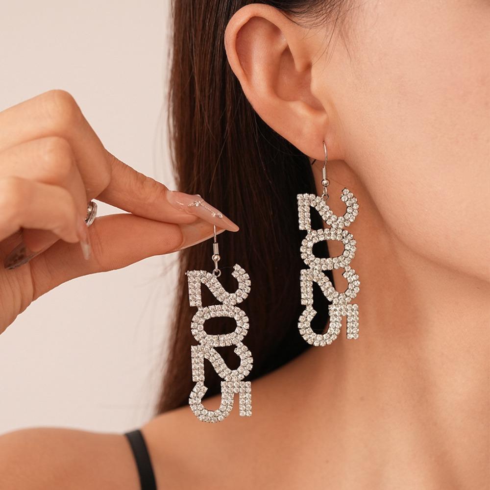 Rhinestone 2025 New Year Ear Stud Aesthetic Crystal Party Necklace Happy New Year Earrings  Banquet