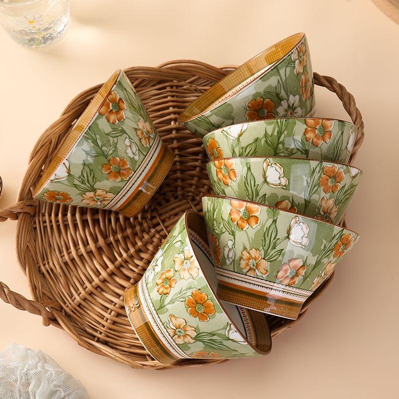 5 Inch Underglaze Ceramic Rice Bowl with Spoon Traditional Dessert Bowl