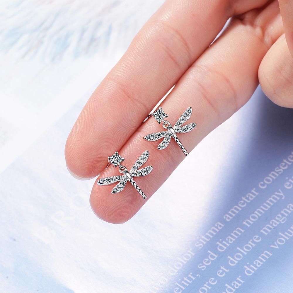 925 Silver Dragonfly Zircon Stud Earrings For Women Elegant Luxury Designer Jewelry Accessories Prevent Allergies