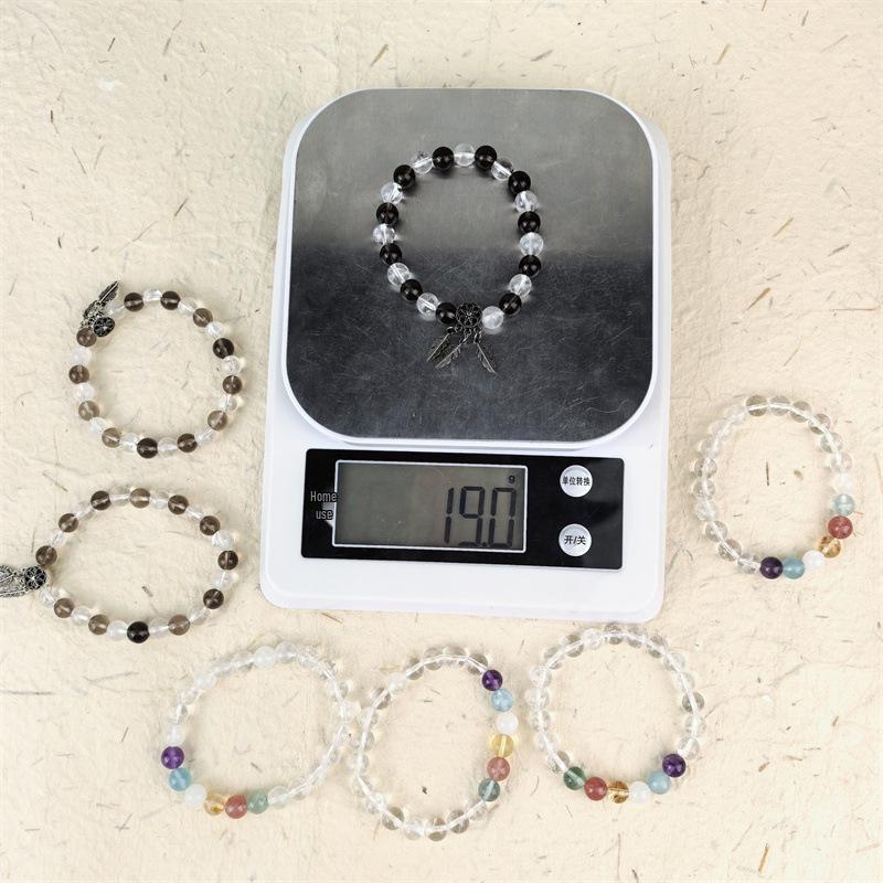 Natural 8MM White Crystal & Smoky Quartz Dream Catcher Bracelet with Wealth-Attracting Tree Leaves