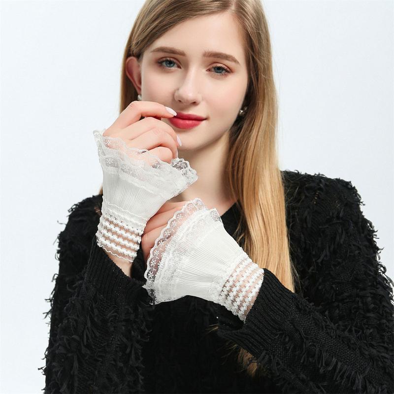 White Mesh Bow Romantic Lace Ruffle Hand Sleeves Sweet Detachable Sweater Blouse Coat Decoration Fake Cuffs Elastic Horn Cuff