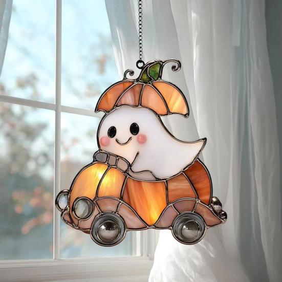 Halloween Ghost Ride Ornament with Lanyard Solar Trap Witch Hat Pumpkin Passenger Hanging Pendant Sun Catcher