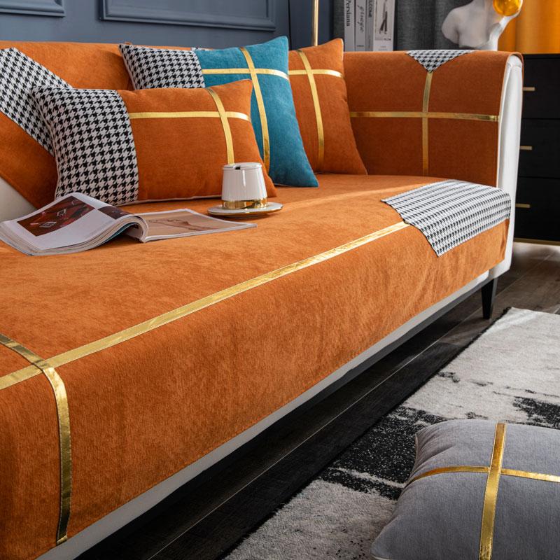 Luxury Plaid Chenille Sofa Cover L Shape Velvet Couch Slipcover Furniture Protector Armrest Recliner Towel Gray