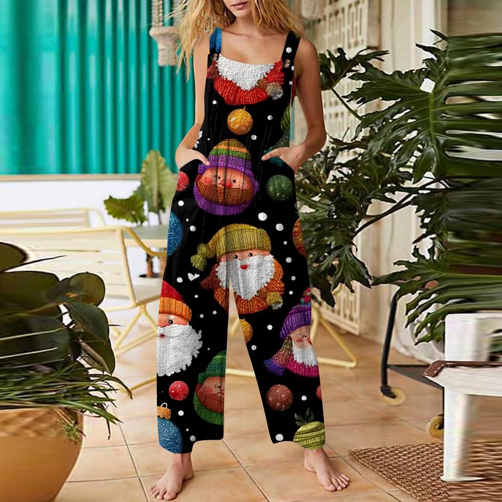 Women's Casual Jumpsuit Sleeveless Christmas Printed Cotton Jumpsuit