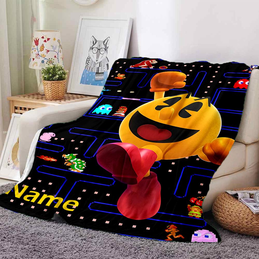 Custom Name Pac-Man Theme Printed Blanket - Perfect for Couch, Bed, Travel & Outdoor Use | Machine Washable, Cozy & Durable.