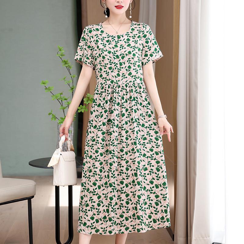 Elegant Long Dresses Women Summer Casual Short Sleeve Vintage Dress Korean Style O-Neck Female Clothing