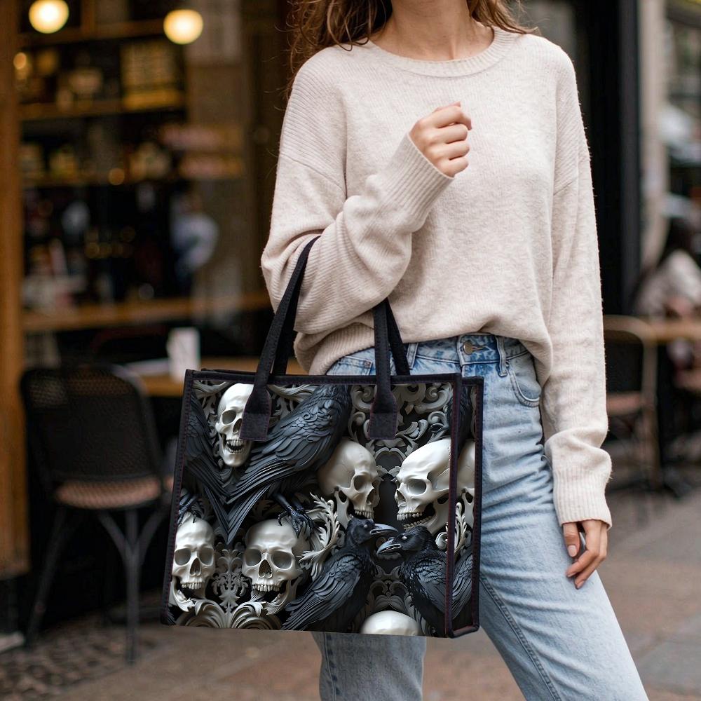 Gothic Skull Raven Pattern Daily Tote Bag Dark Style Fashion Casual Shoulder Bag
