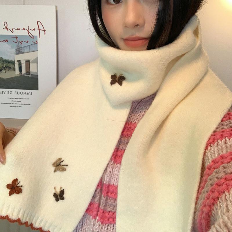 Japanese Style 3D Butterfly Embroidered Scarf - Autumn Winter Women's Knit Warm Neckwear