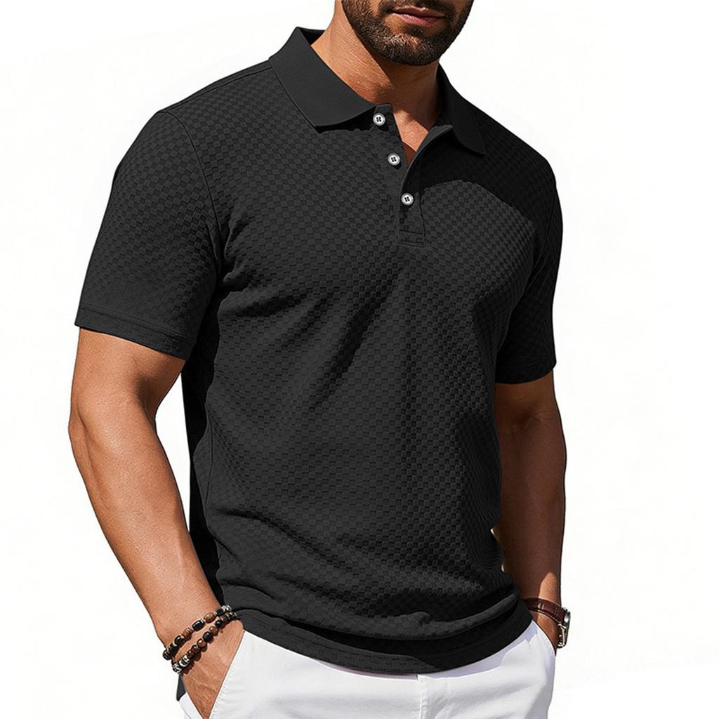 Men's Short Sleeve Polo Shirt with Textured Pattern Classic Fit Button Down Collar Lightweight Casual Top