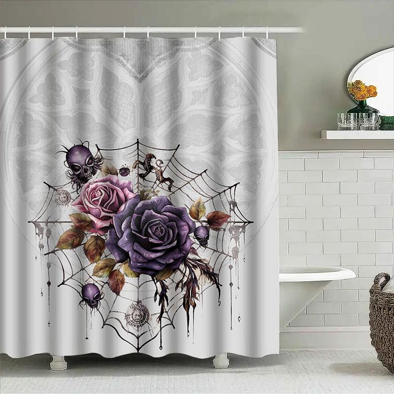 Gothic Halloween Shower Curtain With Spidersweb Design In Purple Rose Color For Bathroom Decoration 3D Printed Polyester Fabric