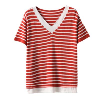 Pure Cotton V-neck Striped Short-sleeved Women's Summer New Fashionable and Versatile Contrast Knitted T-shirt Comfortable Half-sleeved Top