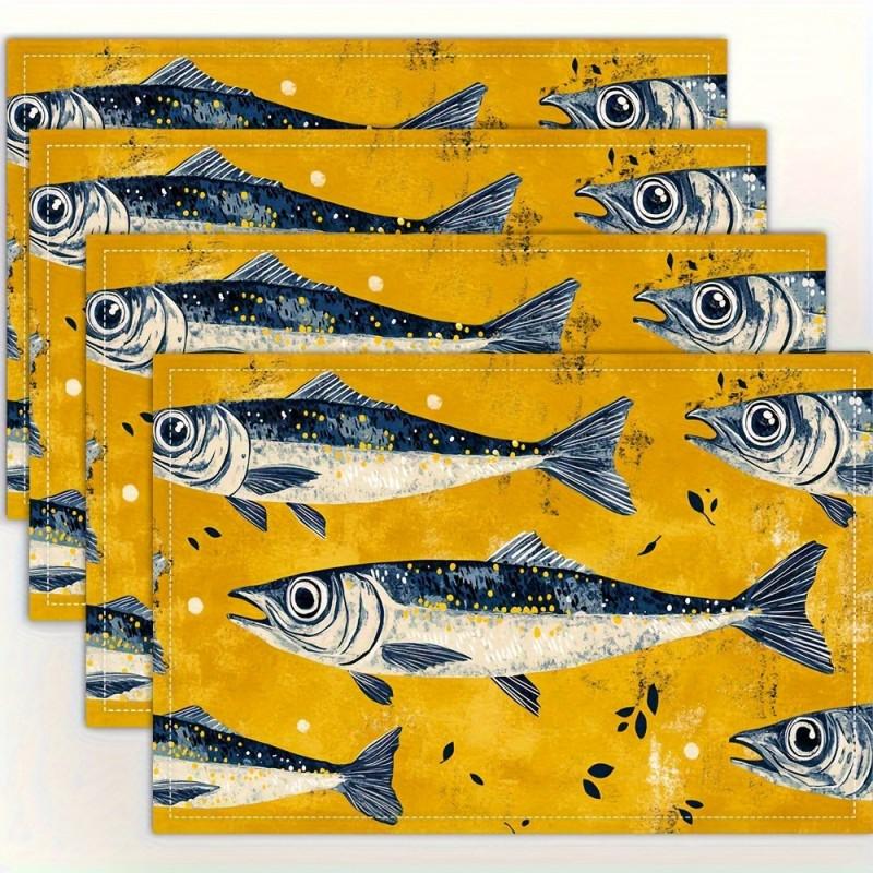 Sardine Fish Placemat Yellow Pattern Mediterranean Style Dining Table Mat Heat Resistant Kitchen Decor Party Tableware Set Gift