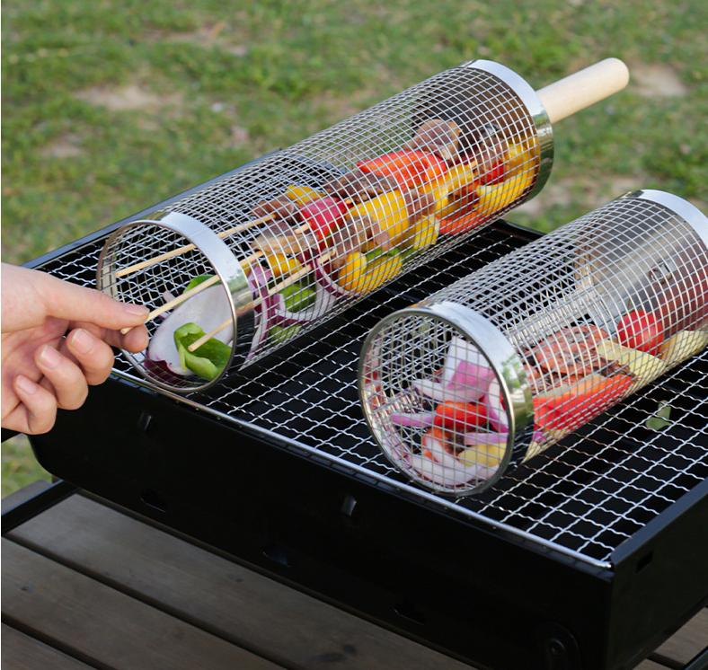 Camping Portable 304 Stainless Steel Wooden Handle Barbecue Cylinder Grill Basket Outdoor BBQ Mesh Basket Rolling Grill Cage чёрный