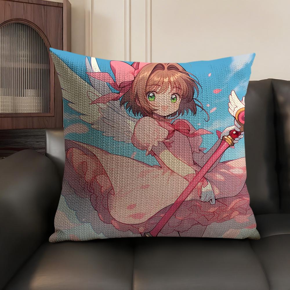 Anime C-Cardcaptor S-Sakura Pink Cushion Cover Natural Linen Organic Fabric Double-Sided Printing Sofa Home Decor Pillow Case