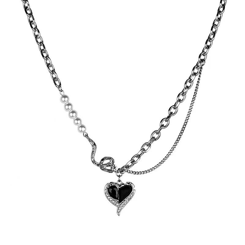 Black Love Splicing Pearl Necklace Female Design Sweet Cool ins Pendant Collarbone Chain Spice Girl Accessories Female