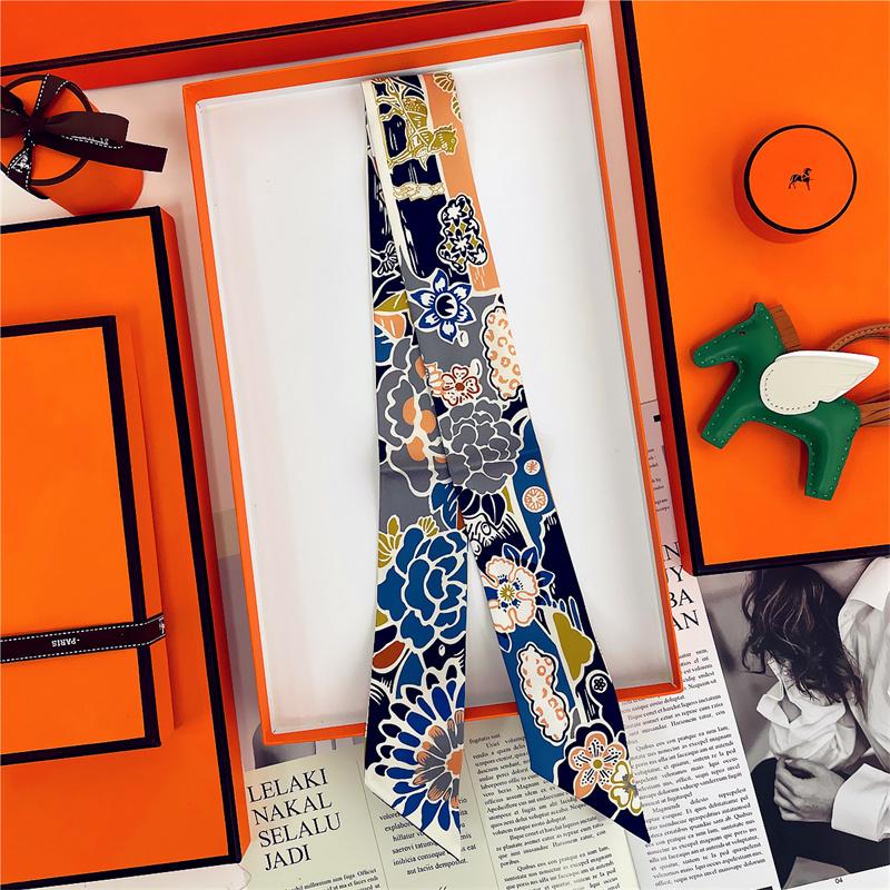 Brand Design Twill 100% Silk Scarf Luxury Print Flowers Scarf Women Foulard Skinny Bag Scarves New Hot Neckerchief Hair Headband