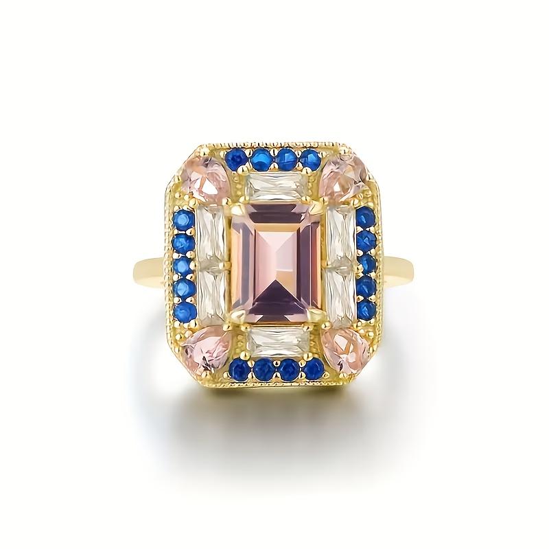 Anillo Cuadrado Rosa Azul de Zirconia para Mujer Joyería de Alta Calidad para Bodas y Fiestas Adecuado para Regalos del Día de San Valentín
