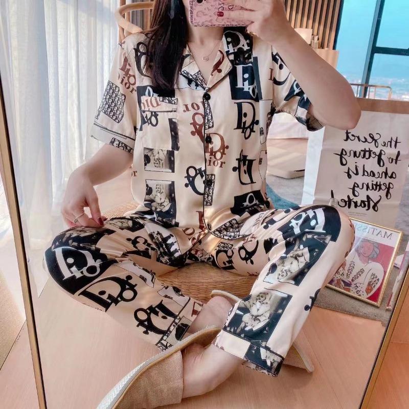 2Pcs/set Women's Pajamas Autumn and Winter Silk Cardigan Printing Loose Short-sleeved Trousers College Students Homew