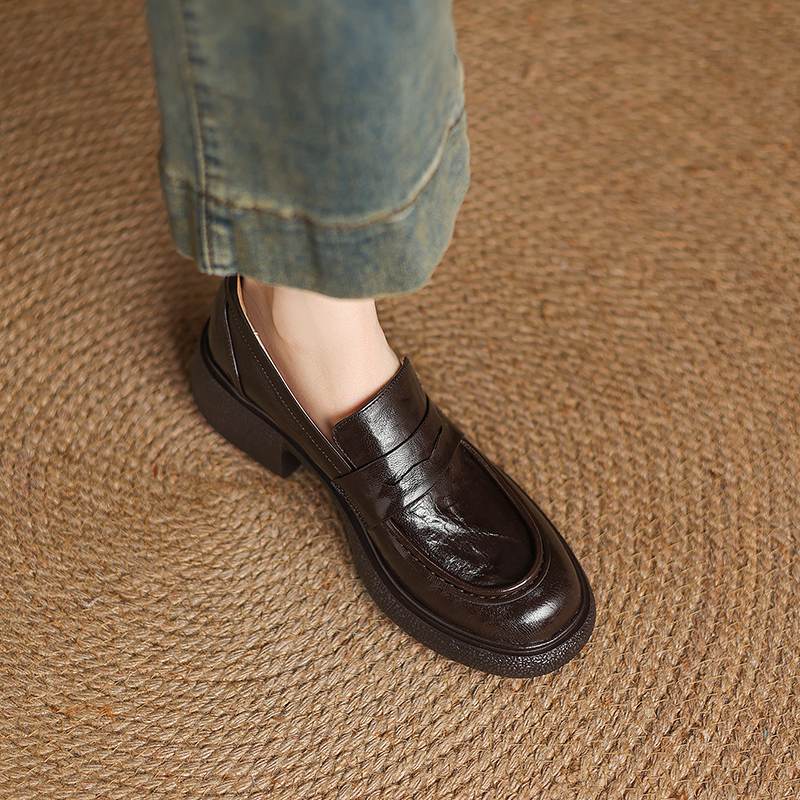 Krazing Pot Sheepskin Autumn Winter Shoes Slip on Chunky Heels Oxford Shoes Size 43 Round Toe Deep Mouth Waterproof Pumps