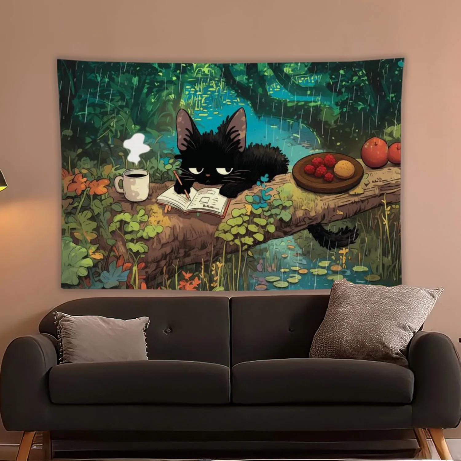 

Black Cat Cute Cartoon Printed Tapestry Tarot Card Hippie Wall Hanging Warm Room Banner Dormitory Bedroom Decoration 40X60CM