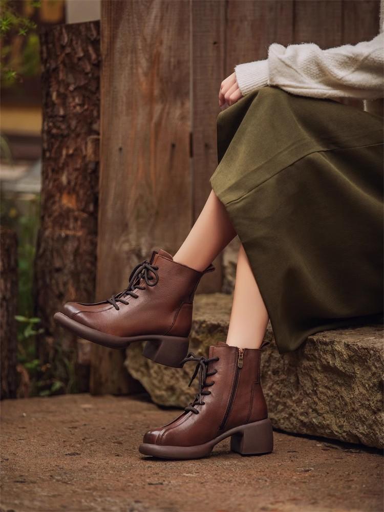 Fashion GKTINOO Handmade Retro High Heel Boots Women Autumn Winter Full Cow Leather Round Toe Zipper Trend Warm Ankle Boots Female