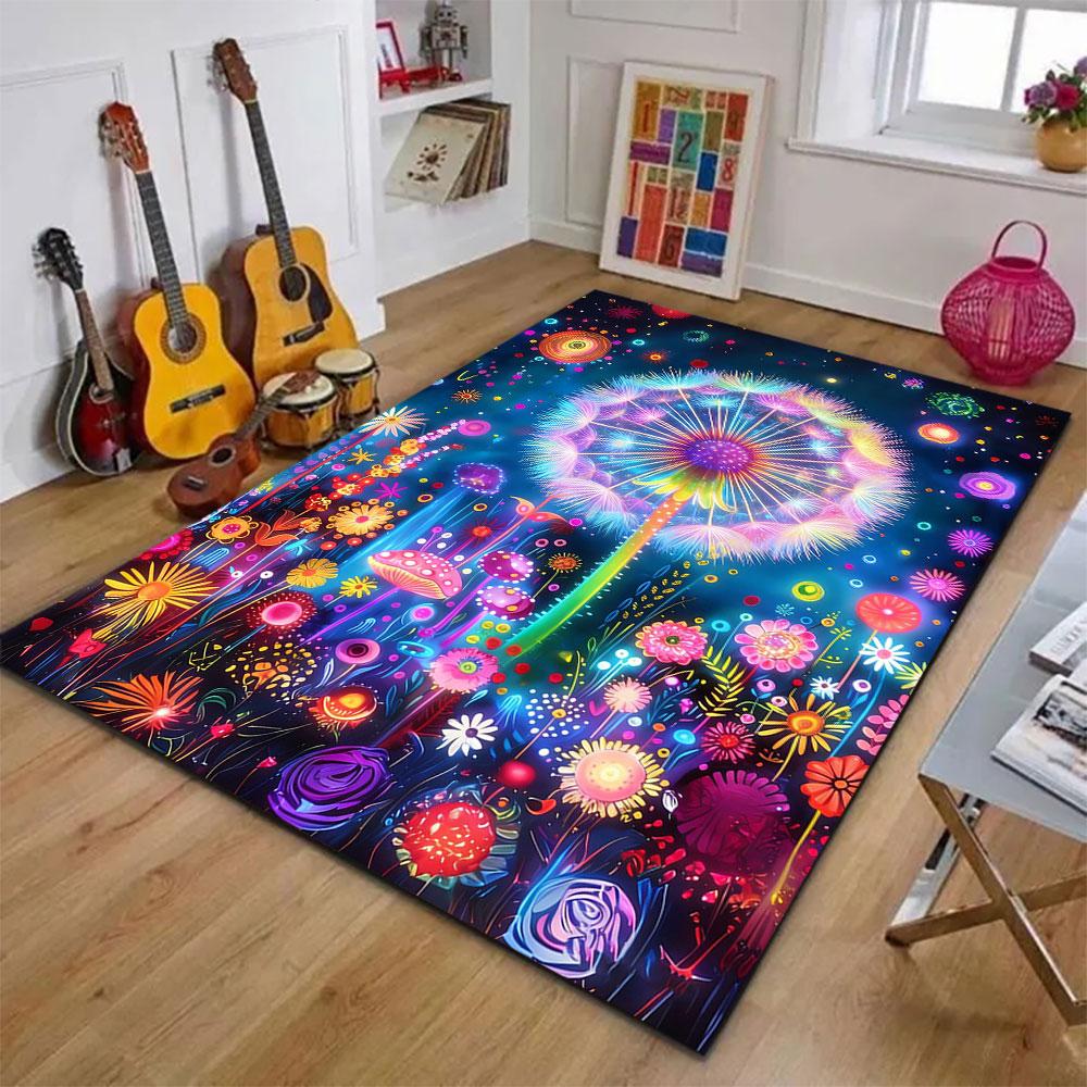 "Colorful Dandelion and Floral Glow" Patterned carpet, suitable as a non slip play mat for the living room and bedroom sofa
