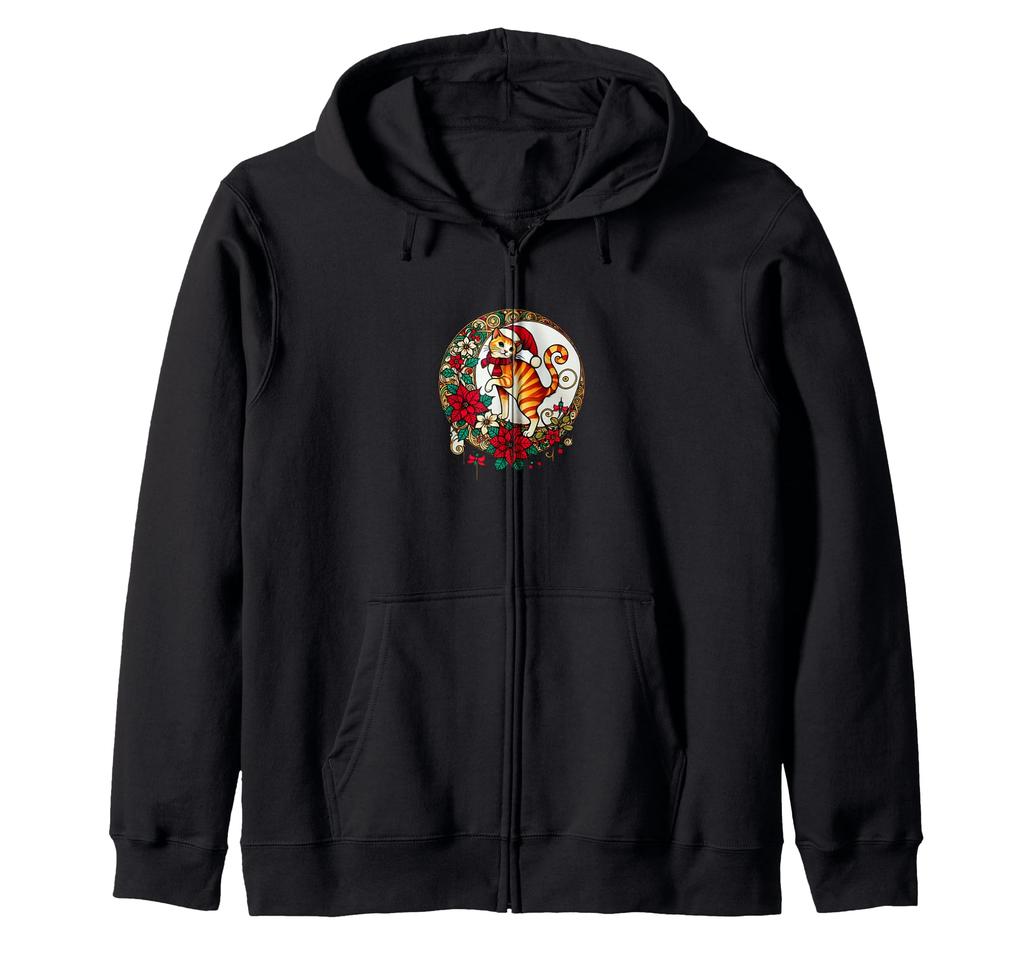 Christmas Ginger Cat Santa Hat Illustration Art Nouveau Zip Hoodie