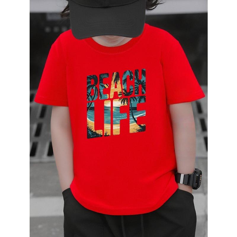 Boys Tropical Sunset Palm Tree Beach Print Soft Breathable Cotton Short Sleeve T-Shirt for Daily Outdoor Sports