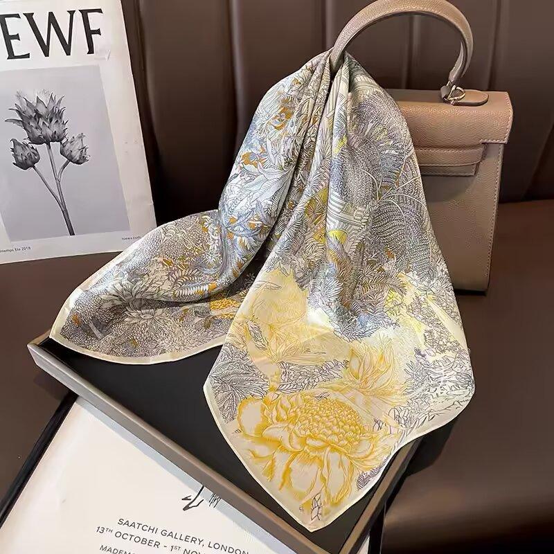 70*70cm Lemon Print Women's Silk Scarf Luxury Headscarf Neck Ties Fashion Decorate Handerchief Female Summer Hijab Bag Ribbions