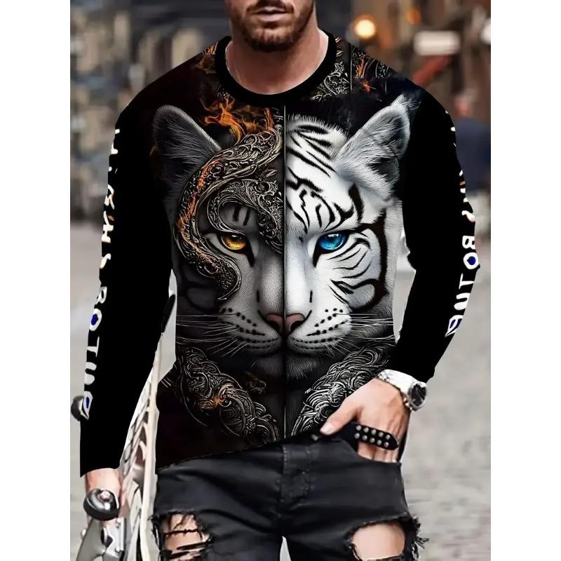 

Весенне-осенние футболки с круглым вырезом и 3D-принтом животного тигра, модные повседневные мужские футболки с длинным рукавом 5XL