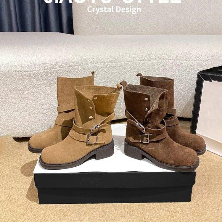 Cowhide version! Retro thick heel folded two wear Maillard boots women 2025 new thin thick-soled medium boots autumn