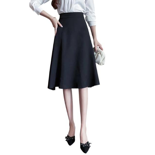 Petite Women's Black High-Waisted A-Line Pleated Mid-Length Skirt - Summer Professional Umbrella Style