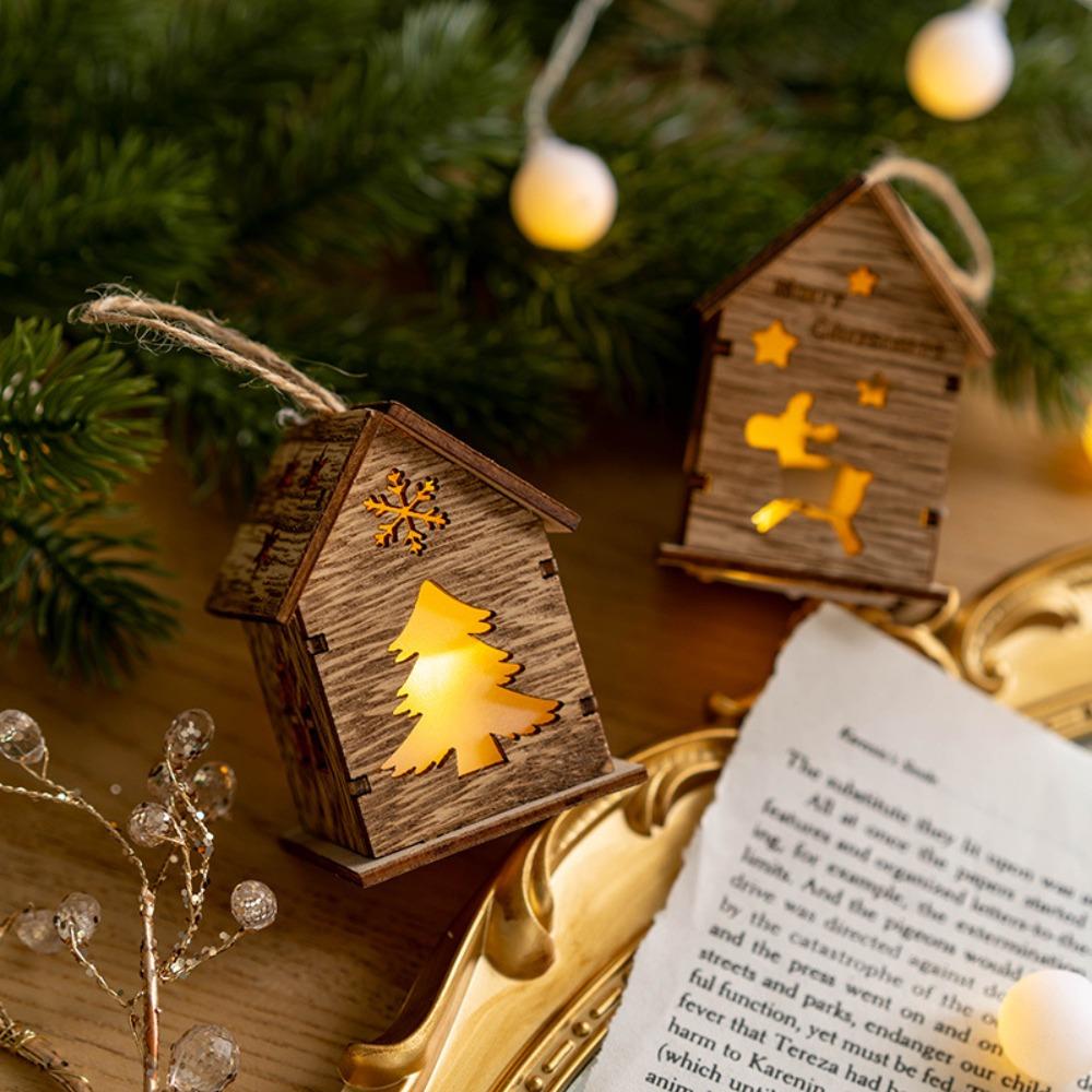 Christmas Wooden House  Christmas Decoration LED Light Xmas Tree Hanging Ornament Home New  Gift Navidad Hanging Decor
