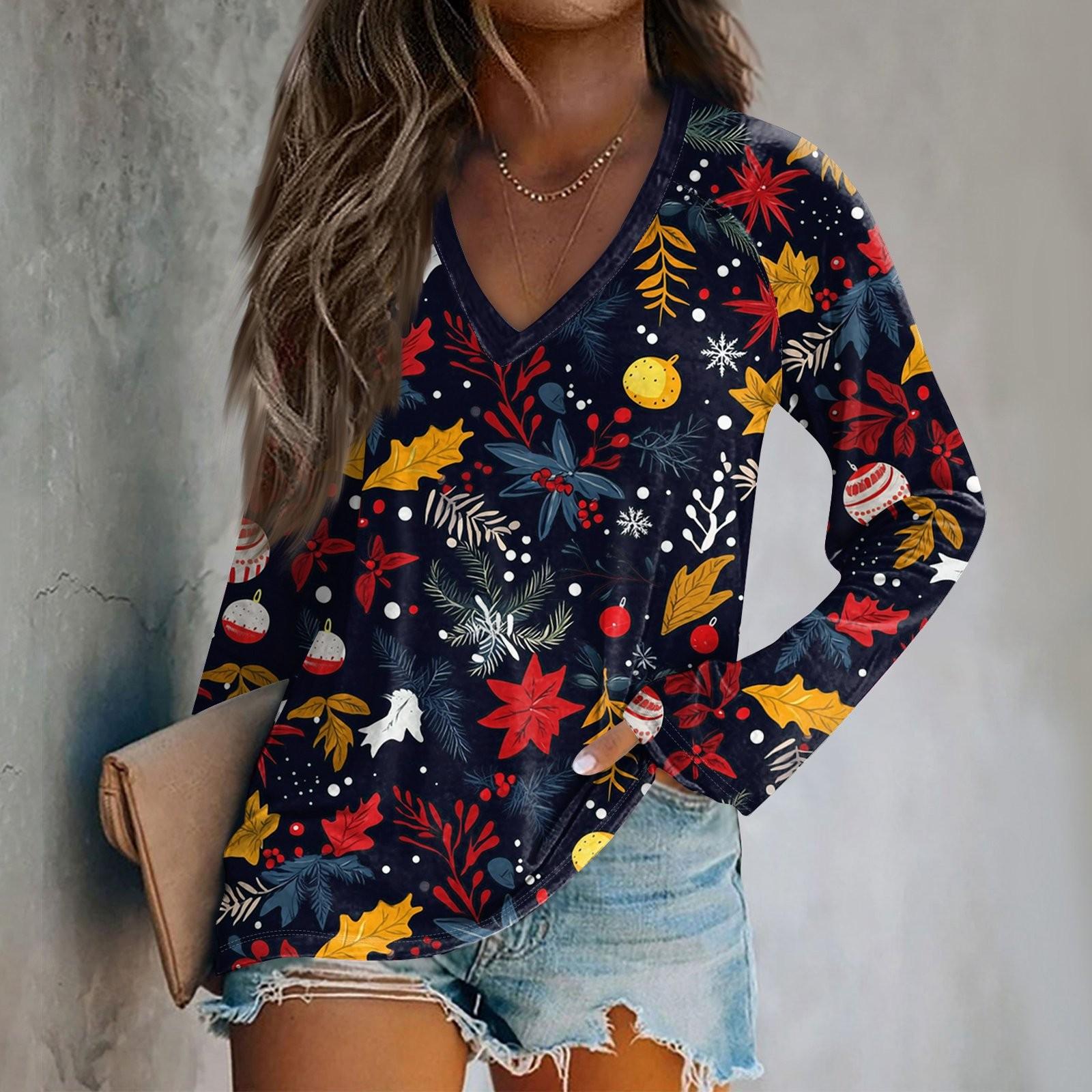 

Женская футболка с длинным рукавом и V-образным вырезом с рождественским принтом, повседневные базовые топы M тёмно-синий