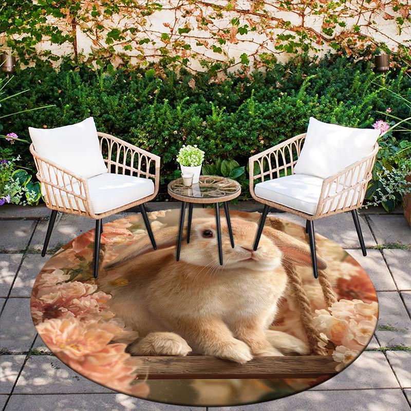 Rabbit and Flowers pattern round rug,Carpet Rug for Living Room Bedroom Sofa Playroom Decor,Non-slip Floor Mat,Holiday Gifts and Birthday Gifts