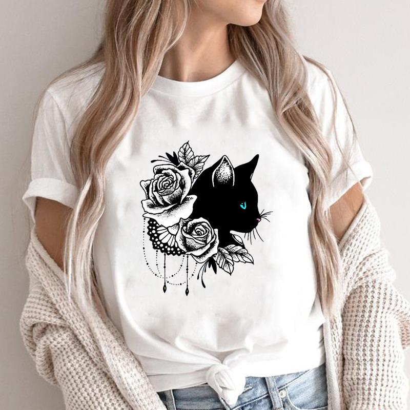 (Asian Size) Graphic Tee Women's Cat Books Love Sweet Trend Fashion Casual Print Short Sleeve Summer Top Ladies Female T Clothing T-shirt