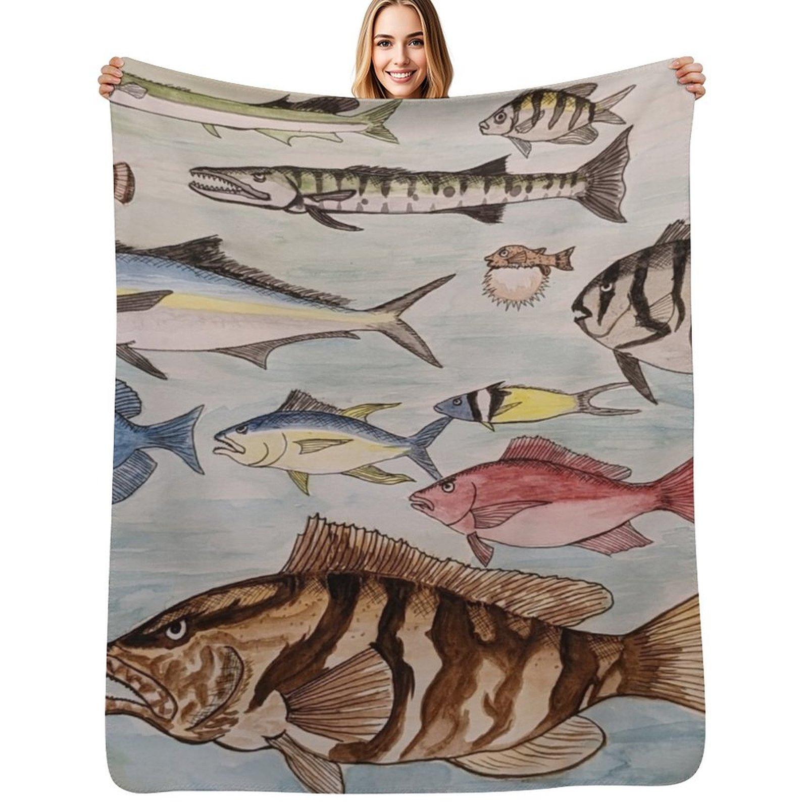 Saltwater Fish of the Sea Throw Blanket Men s Soft Warm Throw Blanket for Couch Size: 75*100cm, Weight: 230 GSM